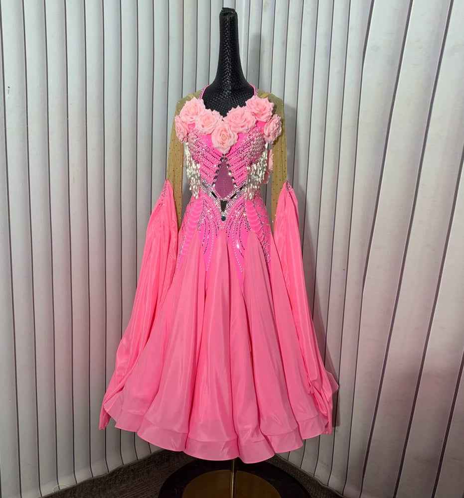 Custom Pink Ballroom Dance Dress with 3D Roses Crystals Fringe Competition Waltz Tango Dancing Gown