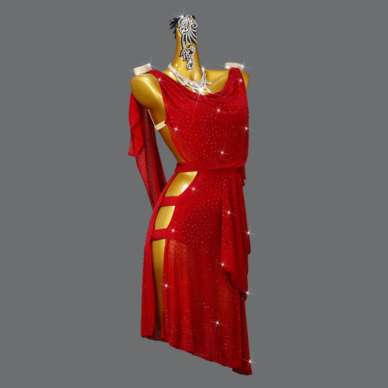 Custom Size Royal Blue Latin Dance Dress Sparkly Crystal Draped Ballroom Outfit