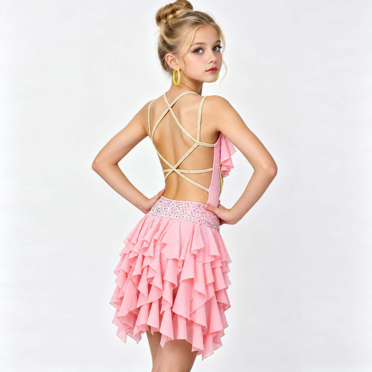 Girls Red Pink Ruffle Latin Dance Dress with Rhinestones Kids Salsa Chacha Stage Costume