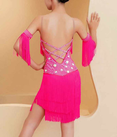 Neon Yellow Hot Pink Fringe Latin Dance Competition Dresses for Girls Children Solo Salsa Rumba Samba Chacha Performance Costumes for Kids - Moderndancedress.com