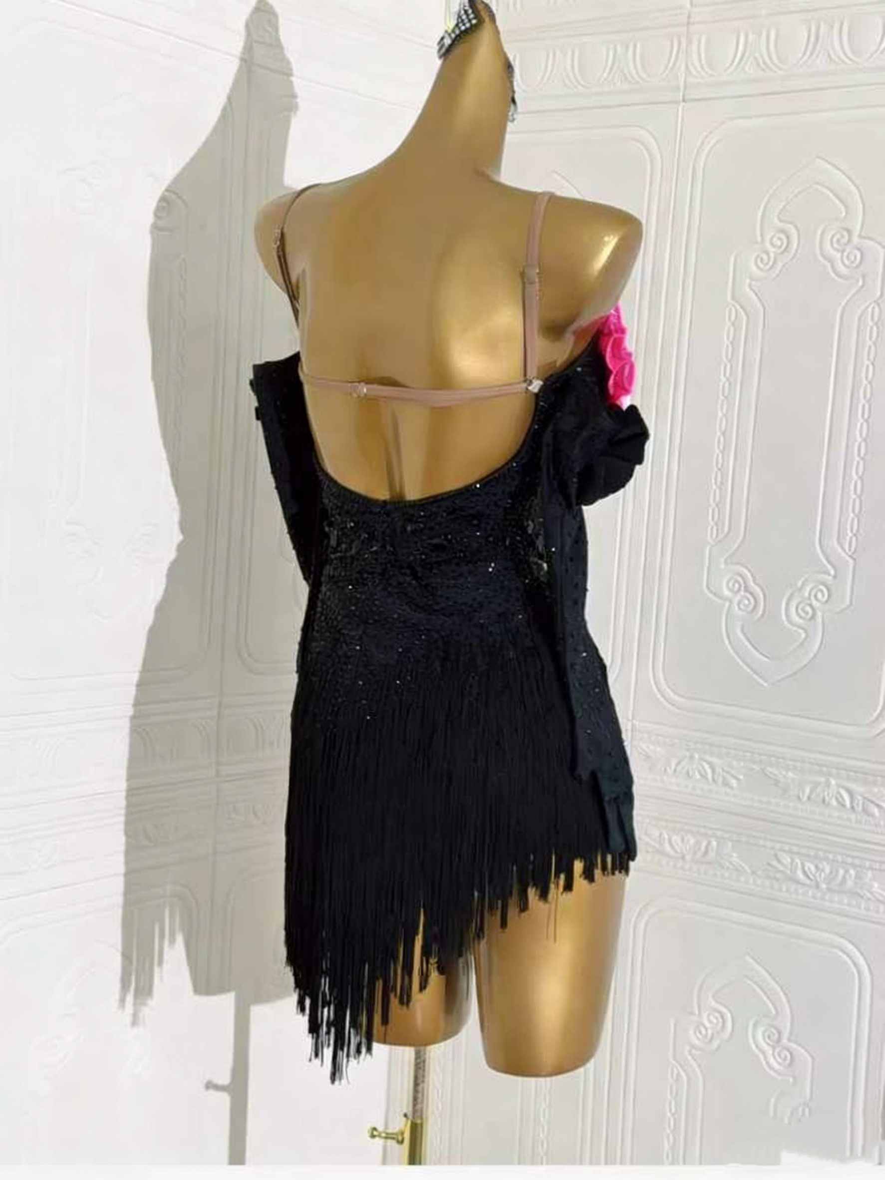 Custom Size Black Fringe Latin Dance Dress Hot Pink Flowers Solo Ballroom Dance Costumes