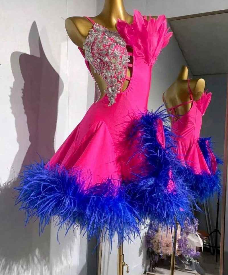 Custom Size Hot Pink Latin Dance Dress with Crystals & Feathers