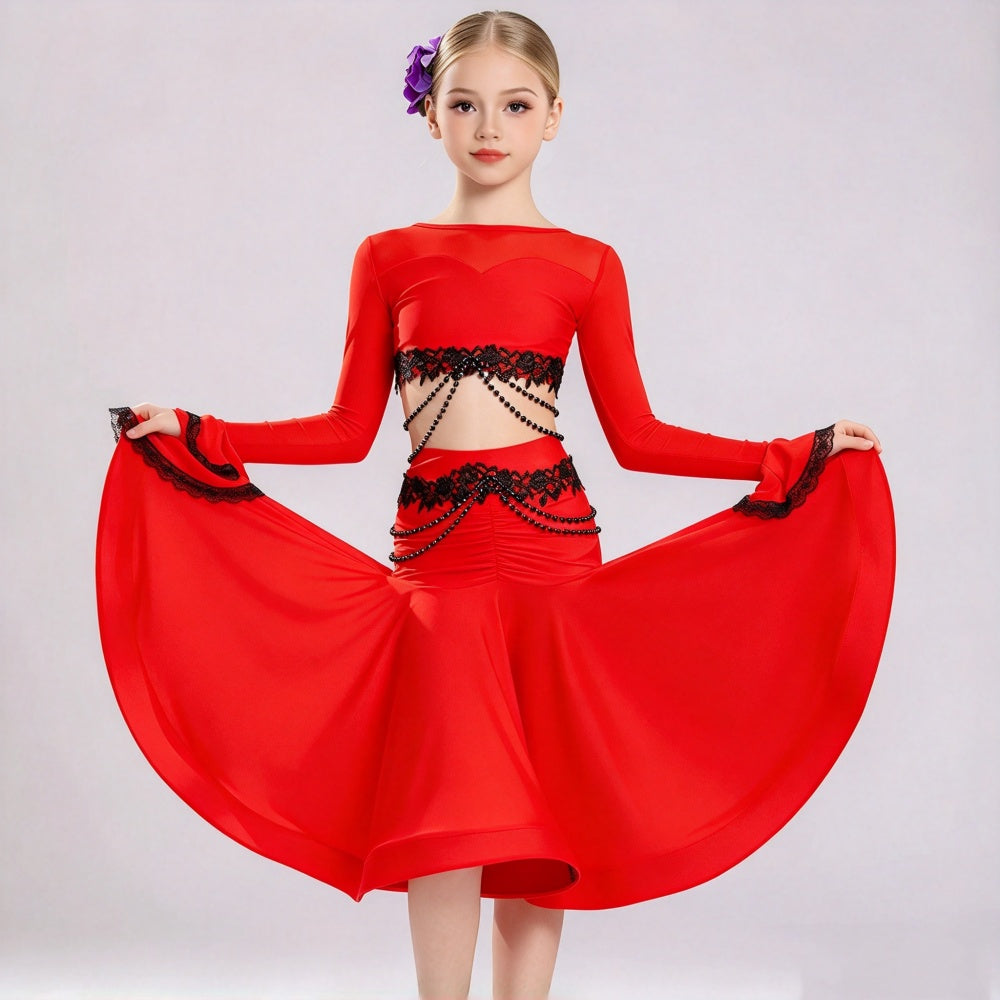 Girls Red Latin Ballroom Dance Dress 3-Piece in One Set Ballroom Performance Outfit