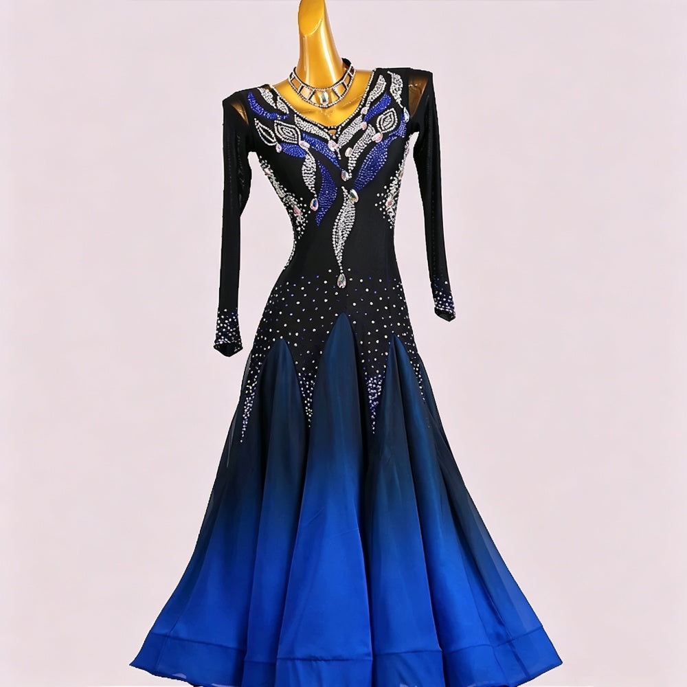 Custom Size Competition Royal Blue Gradient Ballroom Dance Dress Rhinestones Waltz Tango Performance Gown