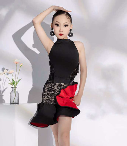 Black Red Lace Sleeveless Tassel Latin Dance Dresses for Kids Children Salsa Chacha Rumba Latin Dance Costumes for Girls - Moderndancedress.com