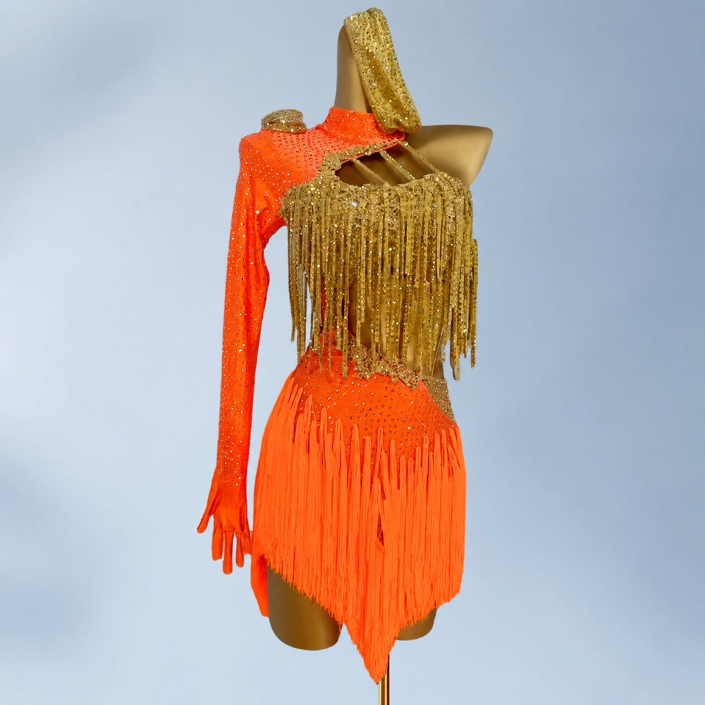 Custom Orange with Gold  Competition Latin Dance Dress Crystal Salsa Blackpool Dance Gown