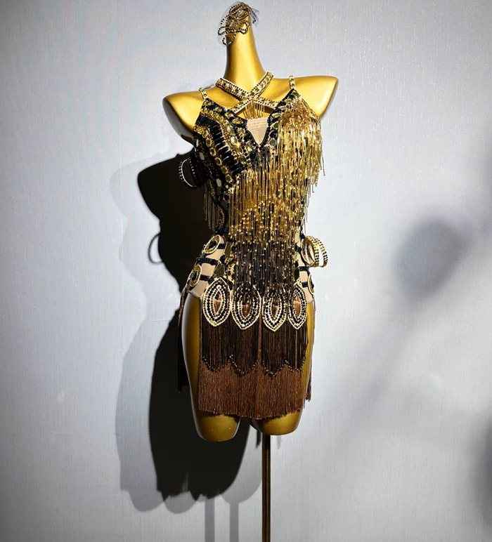 Custom Size Competition Gold Leopard Competition Crystal Bling Fringe Salsa Chacha Blackpool Dance Costume