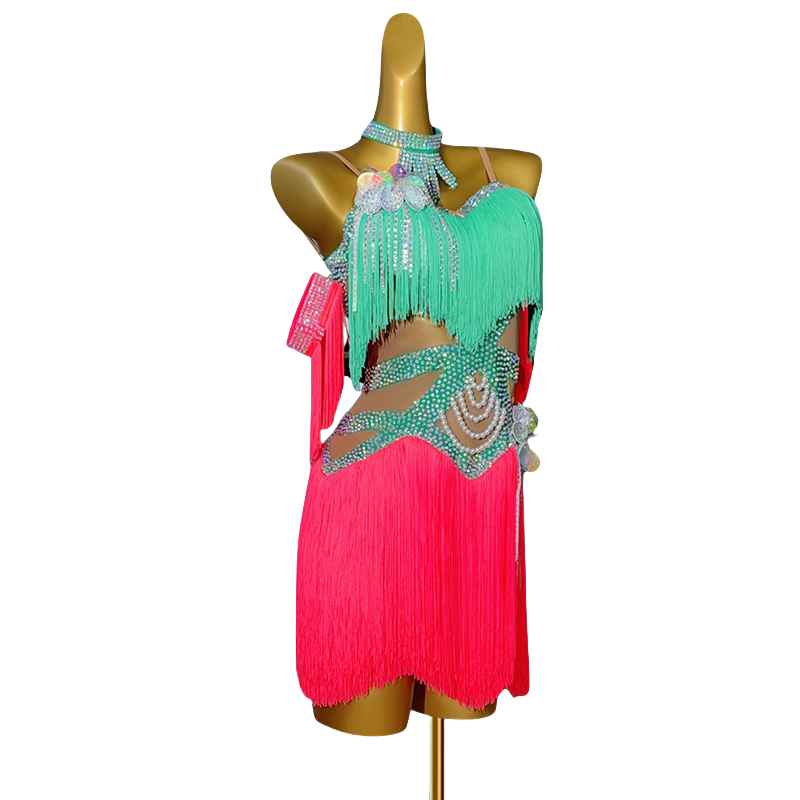 Custom Size Green with Pink Competition Latin Dance Dresses for Women Girls Salsa Rumba Cha Cha Solo Dance Fringed Skirt