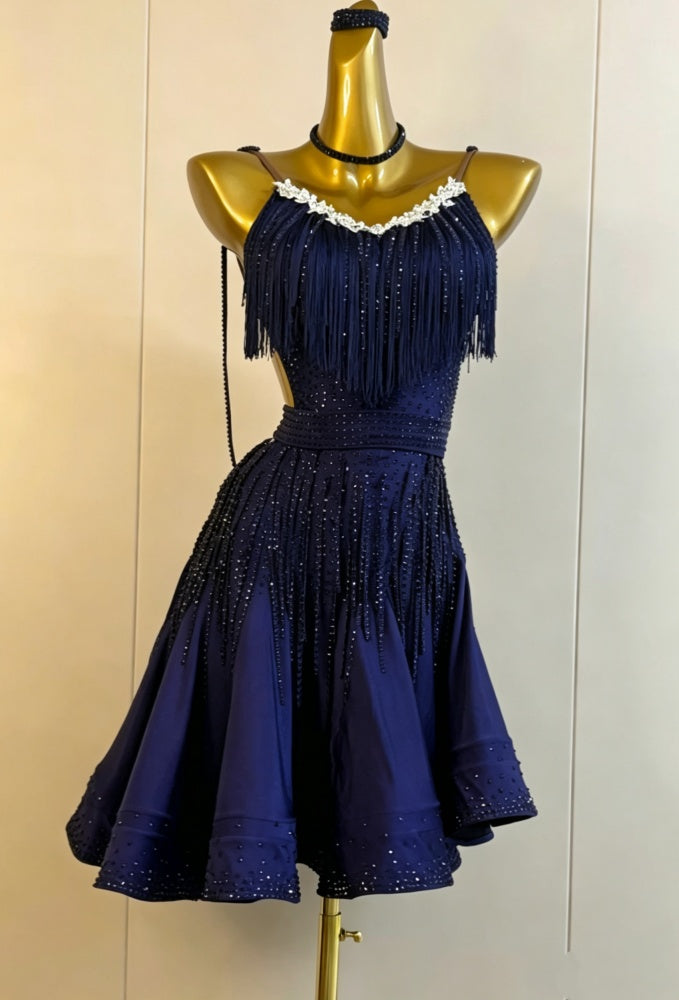 Custom Navy Blue Latin Dance Dress Competition Rhythm & Salsa Fringe Gown