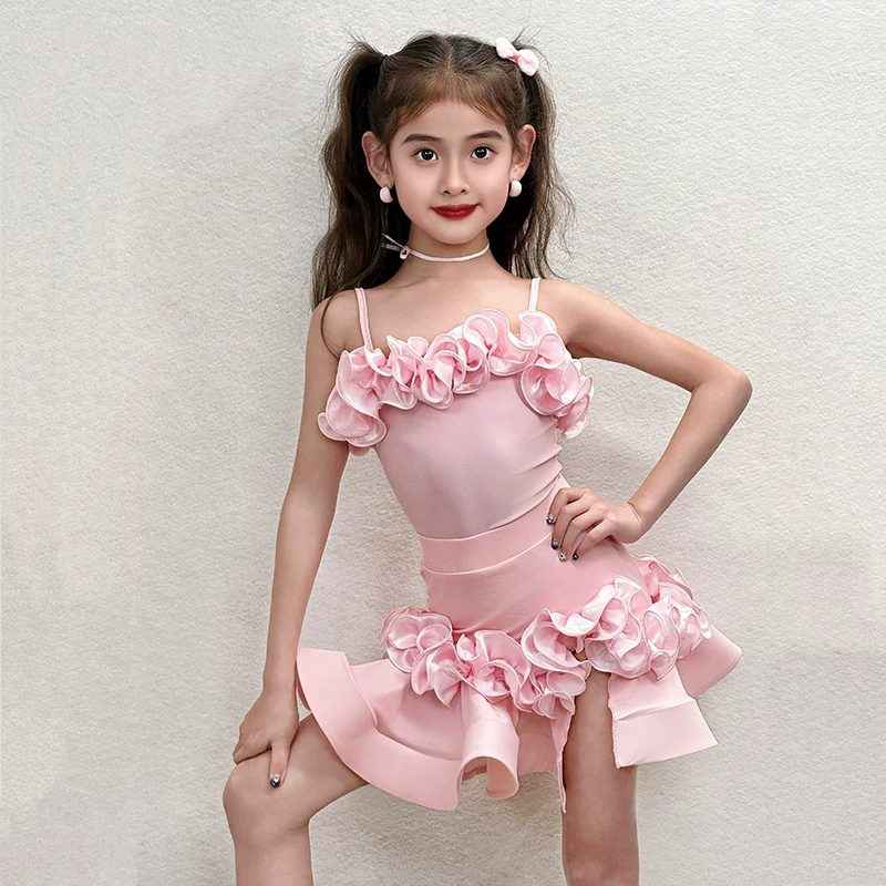 Pink Ruffles Neck Latin Dance Dress for Girls Salsa Chacha Dance Wear