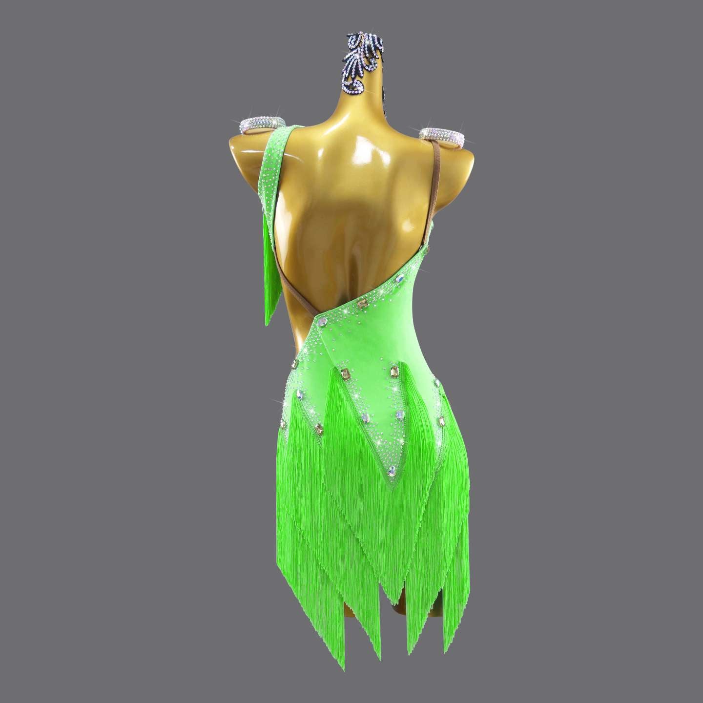 Custom Size Latin Dance Dresses for Girls Kids Slant Neck Green Salsa Rumba Chacha Latin Dance Costumes