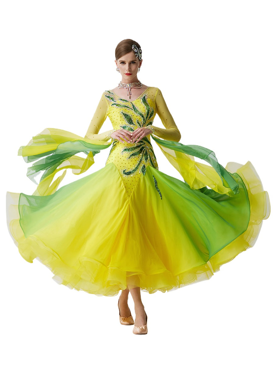 Custom Size Yellow Competition Ballroom Dance Dresses for Women Girls Rhythm Waltz Tango Dancing Gown - Moderndancedress.com