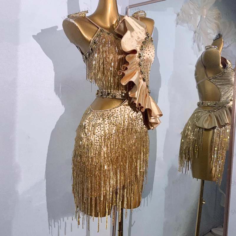 Custom Size Gold Fringe Competition Latin Dance Dresses for Women Girls Salsa Rumba Chacha Performance Costumes