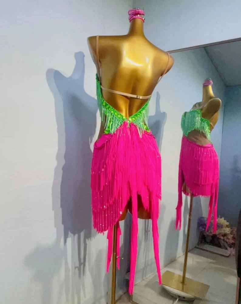 Custom Size Fuchsia with Green Crystal Fringe Competition Latin Dance Dress Blackpool Dance Wear