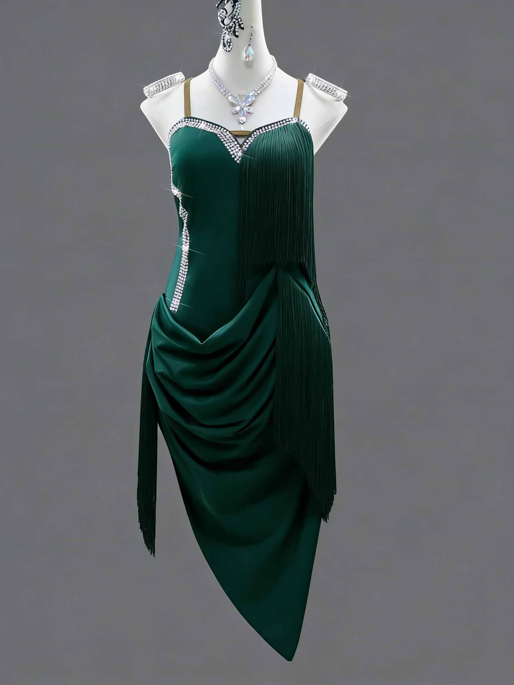 Custom Size Dark Green Latin Dance Dresses Flowy Salsa Chacha Dance Costumes