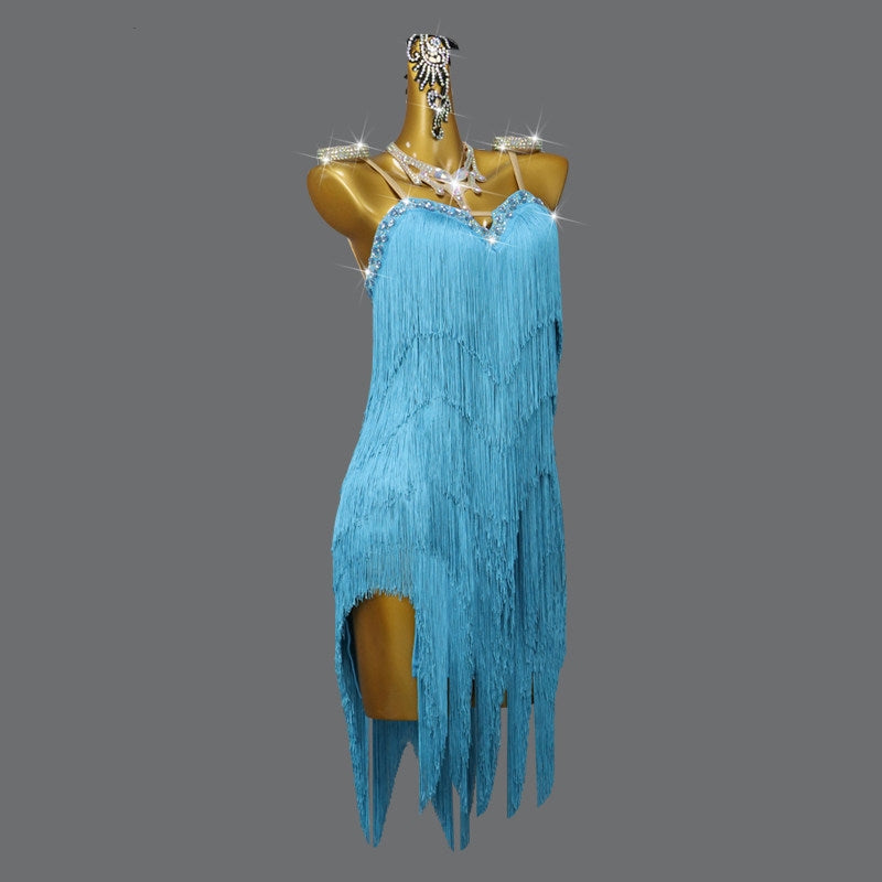 Lake Blue Latin Dance Dress with Tiered Fringe & Rhinestone Bodice
