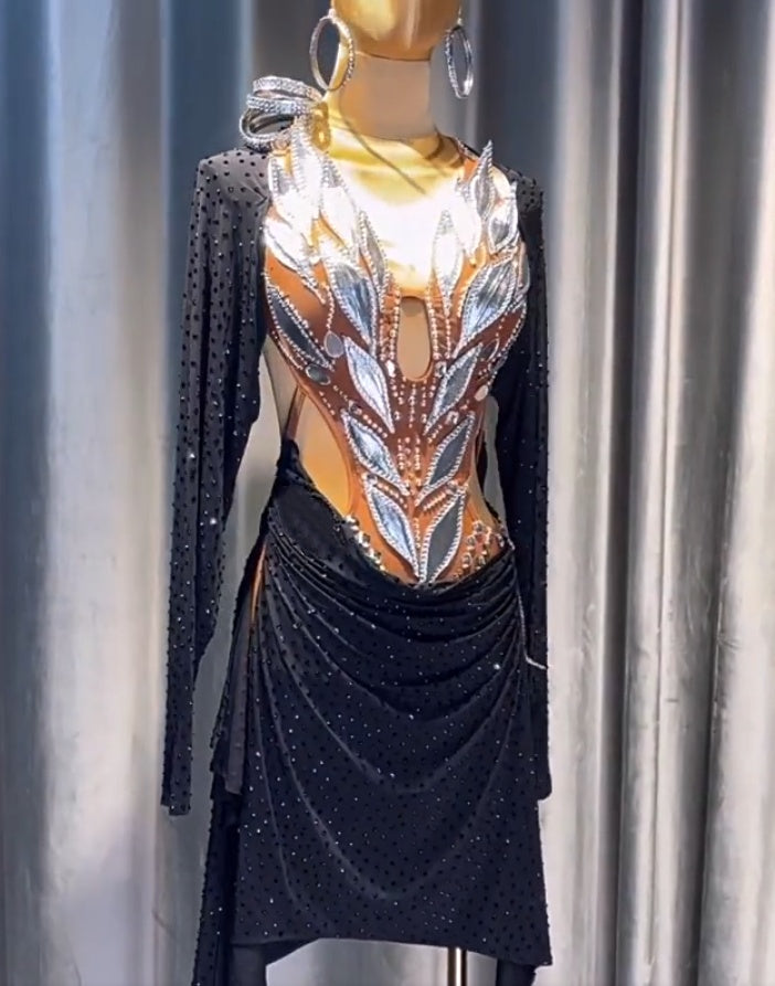 Custom Black & Nude Competition Latin Dance Dress with Silver Petals