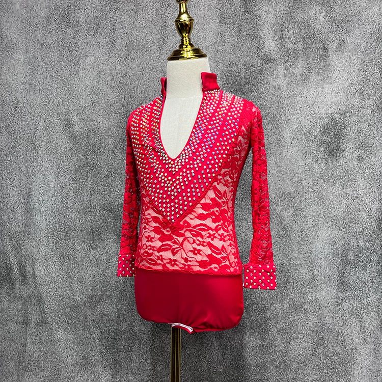 Custom Size Men's Black Red Lace Latin Dance Shirt - Rhinestone V-Neck Stage Top