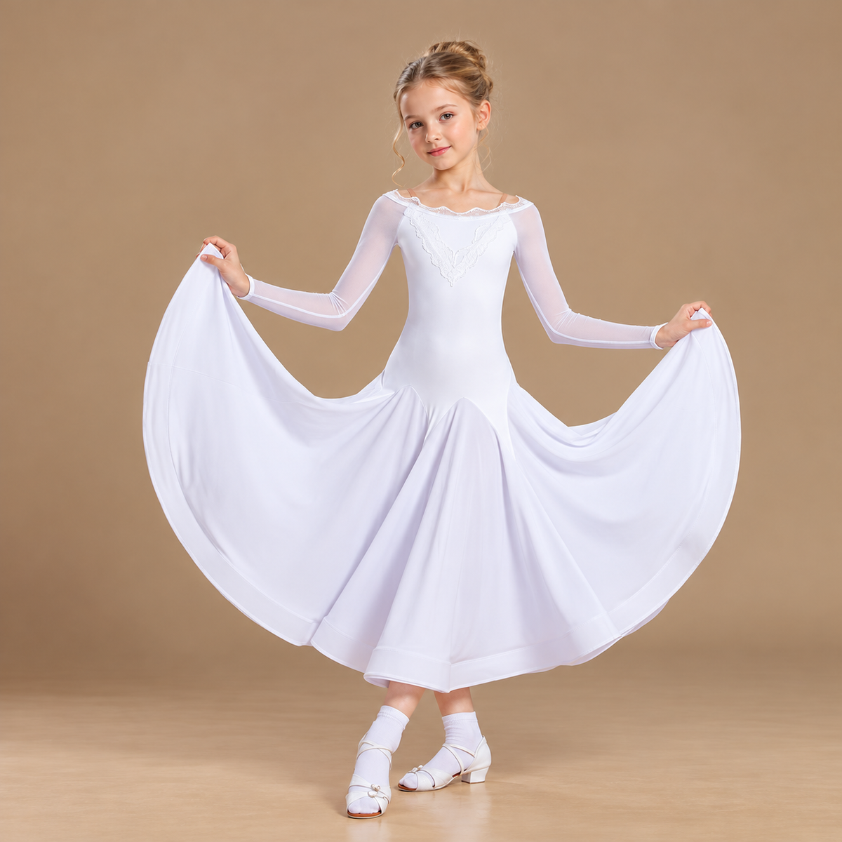 Girls Black Ballroom Dance Dress - Mesh Long Sleeve Waltz Costume