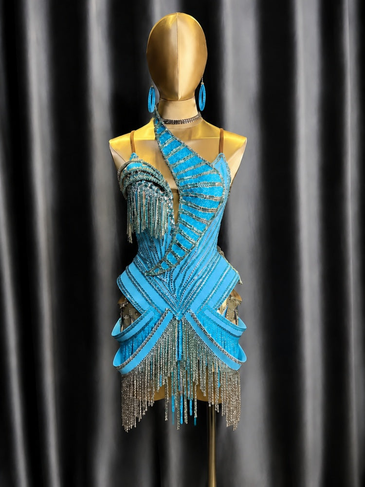 Custom Orange Latin Dance Dress for Competition | Gold Rhinestone Fringe Blackpool Costume