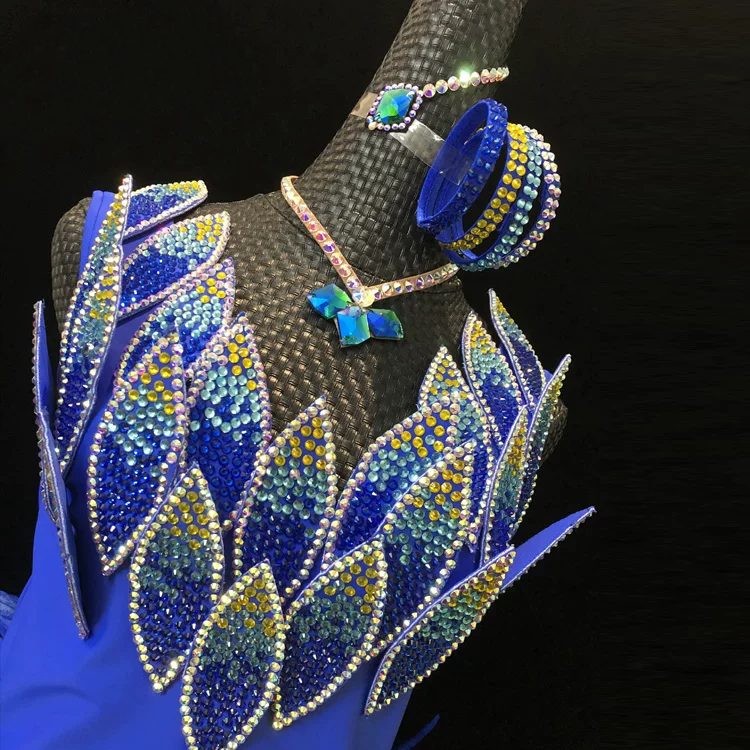 Custom Size Royal Blue Feather Latin Dance Dress - Luxury Rhinestone Petals Competition Outfit