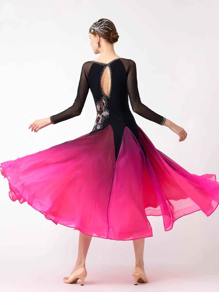 Custom Size Fuchsia Gradient Competition Ballroom Dance Dresses for Women Waltz Tango National Standard Dance Long Gown