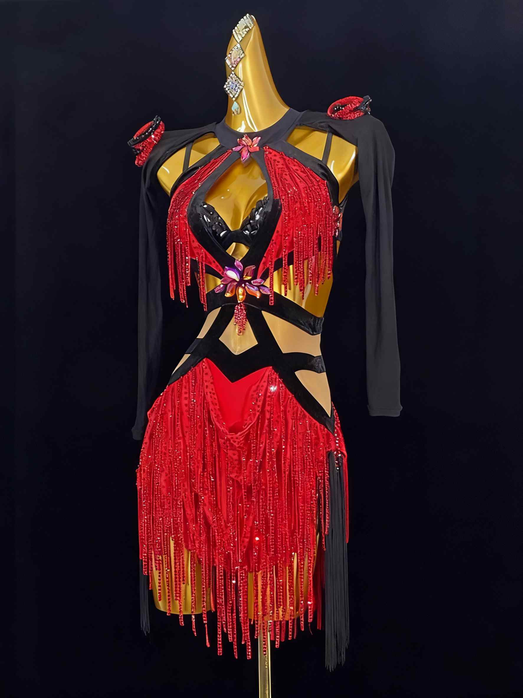 Custom Size Competition Women's Latin Dance Dresses Black Red Patchwork Bling Fringe