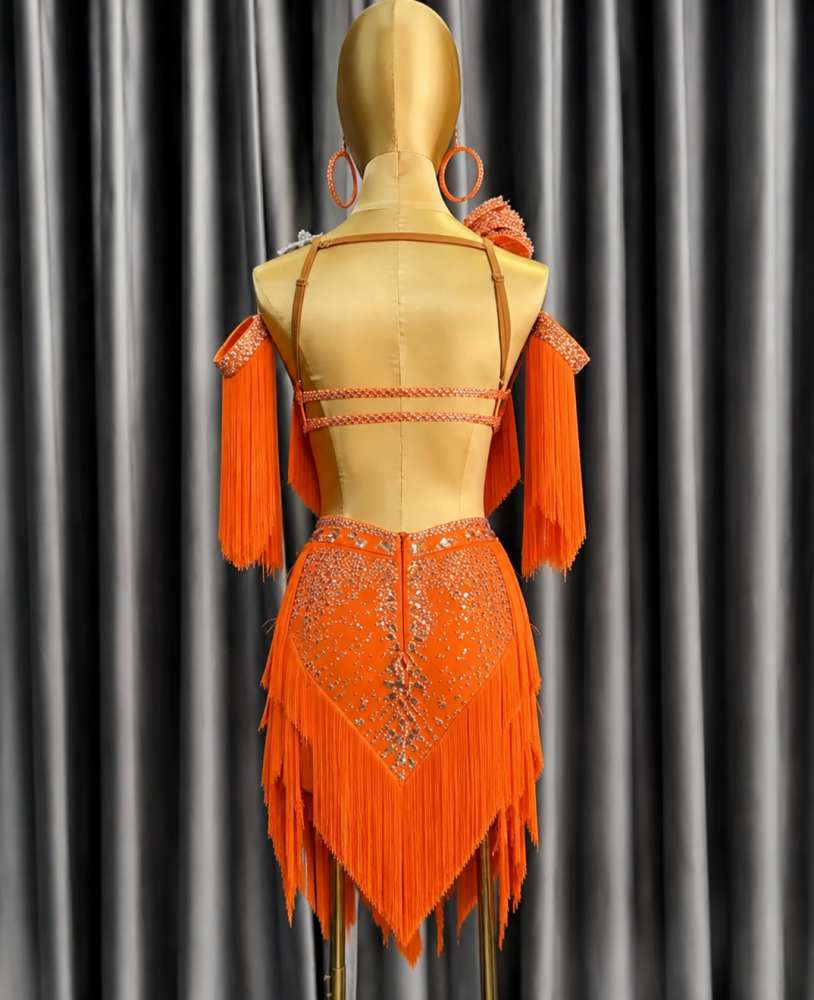 Custom Turquoise & Orange  Latin Competition Dress Sparkling Fringe Tassel Style