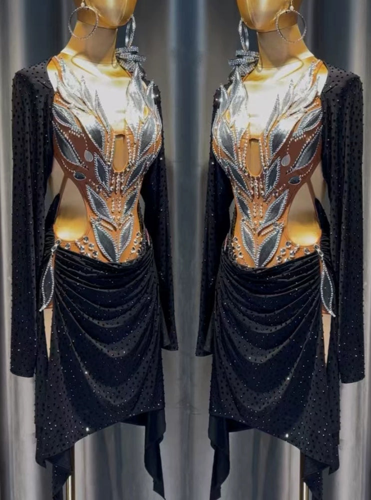 Custom Black & Nude Competition Latin Dance Dress with Silver Petals