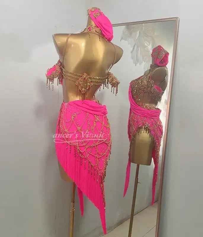 Custom Size Pink Fringe Latin Dance Dresses for Women Girls Salsa Rumba Chacha Dance Costumes