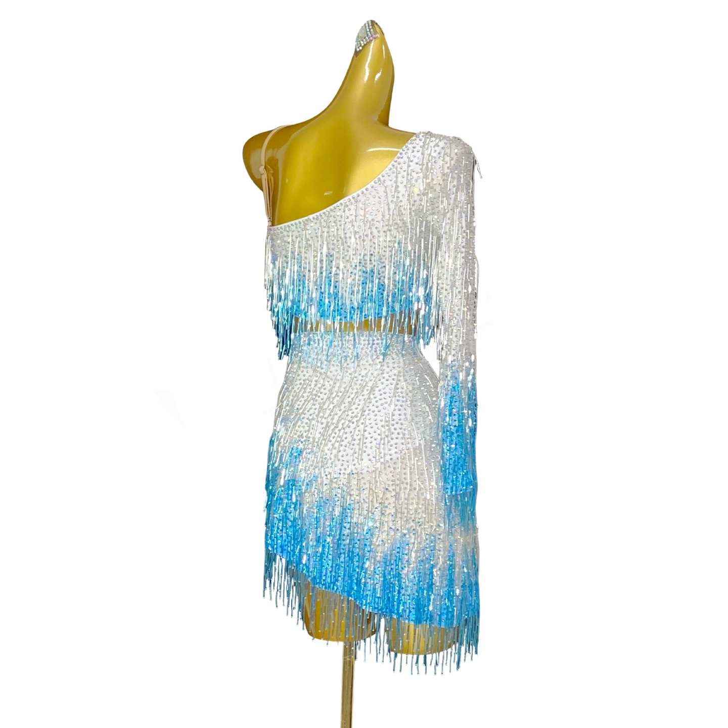 Custom Size Women's Bling Fringe Latin Dance Dresses Blue Gradient One Shoulder Salsa Chacha Costume