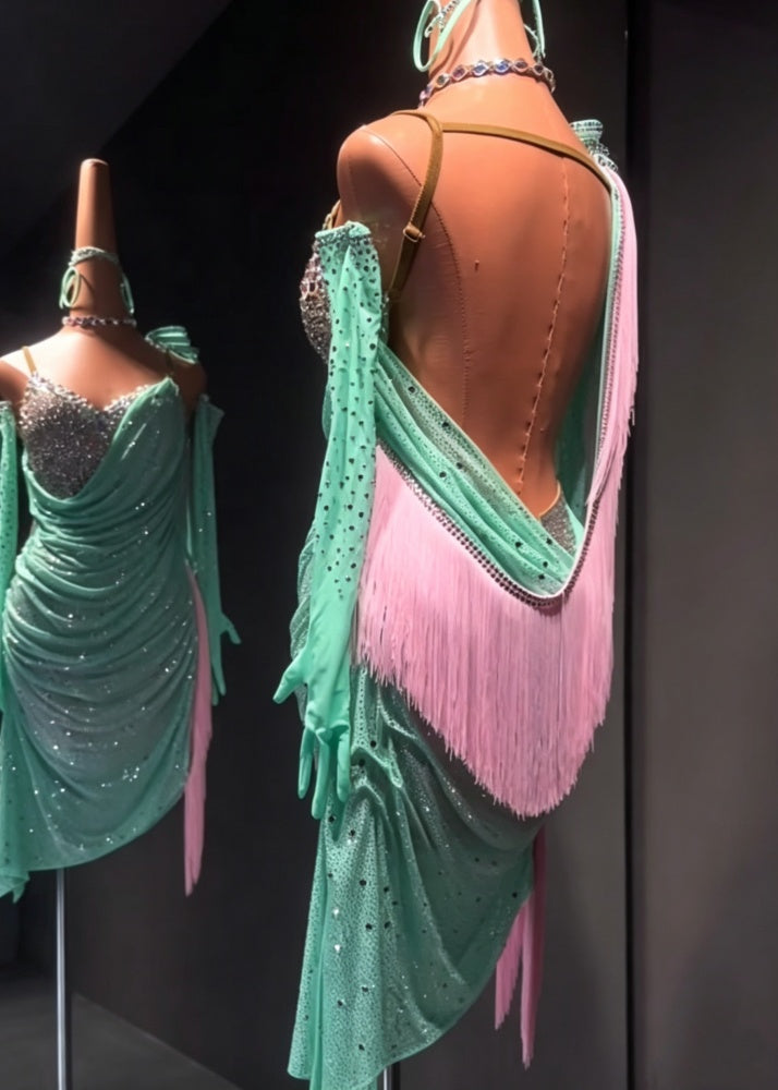 Custom Mint Green Latin Dance Dress with Crystals Competition Sala Dance Wear