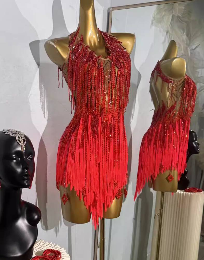 Custom Size Red Competition Latin Dance Dresses for Women Girls Salsa Rumba Chacha Latin Dance Costumes