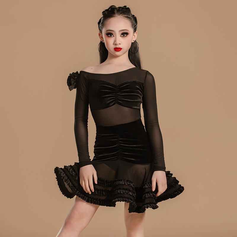 Girls Latin Dance Dresses Black Velvet Slant Neck Salsa Rumba Chacha Ballroom Latin Dance Costumes