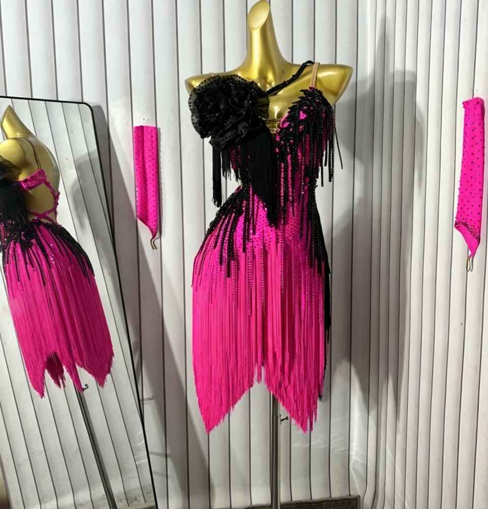 hot pink and black dress Custom Size Hot Pink Black Fringe Crystal Latin Dance Dress for Girls Blackpool Salsa Chacha Dance Competition Gown – Moderndancedress.com