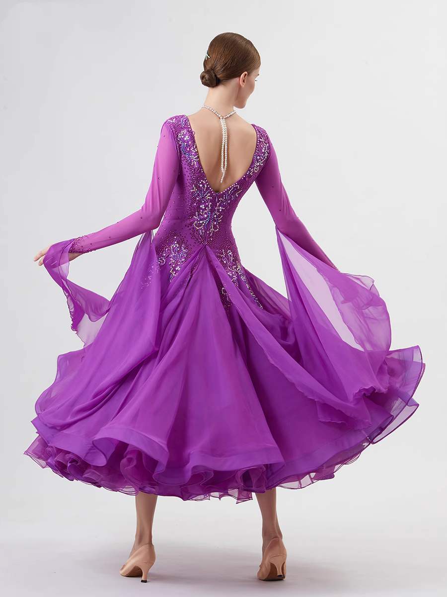 Custom Size Purple Competition Ballroom Dance Dresses for Women Rhinestones Waltz Tango Smooth Dance Long Gown - Moderndancedress.com