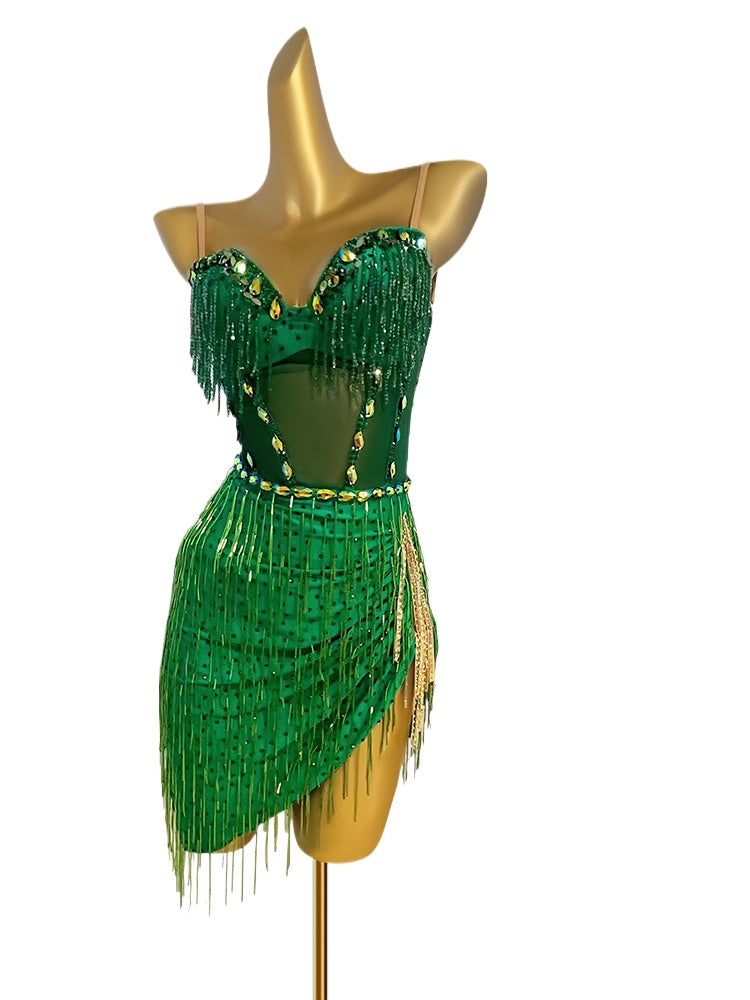 Custom Size Dark Green Latin Dance Dresses for Women Girls Bling Fringe Salsa Rumba Chacha Prom Performance Costumes - Moderndancedress.com