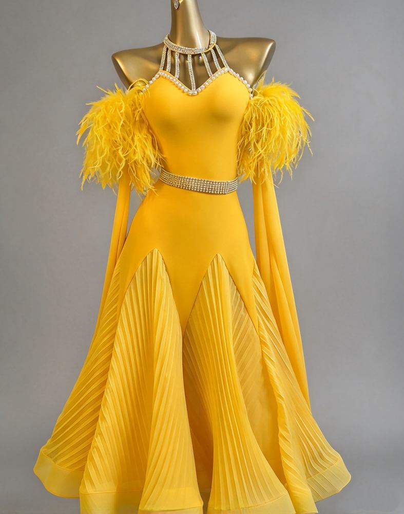 Custom Yellow Competition Ballroom Dance Dresses Waltz Tango Performance Costume