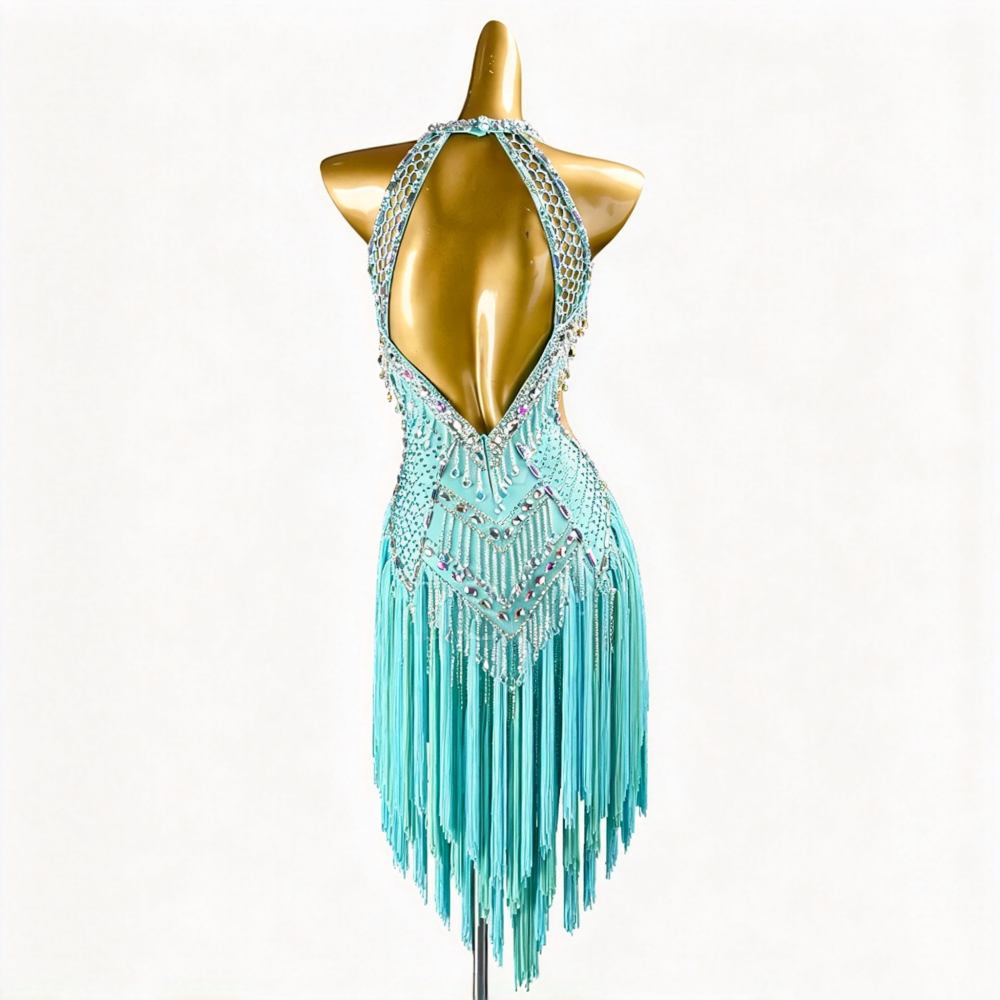 Custom Competition Crystal Blue Latin Dance Dress Salsa Rumba Dancing Costume