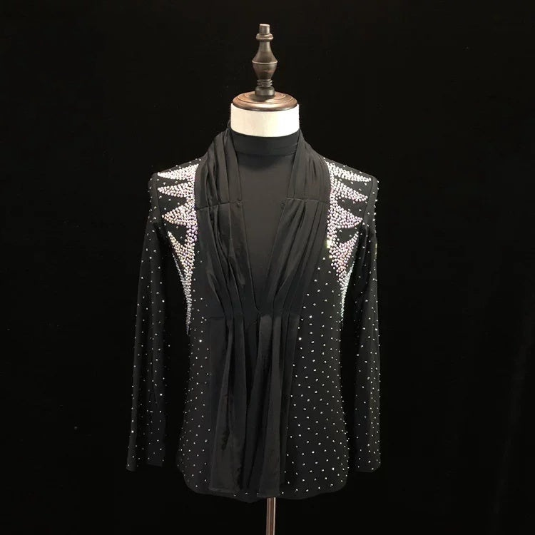 Custom Juvenile Rhinestone Ballroom Latin Dance Shirt | Black Drape Competition Top