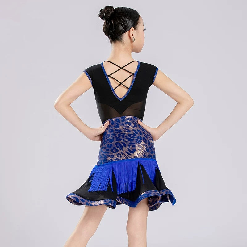 Girls Blue Leopard Fringe Latin Dance Dresses Kids Salsa Chacha Ballroom Performance Costume