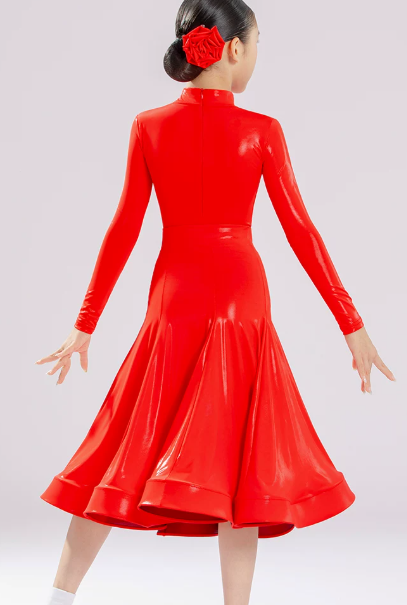Girls Shiny Red Latin Ballroom Dance Dress Professional Long Sleeve Waltz Tango Dance Gown