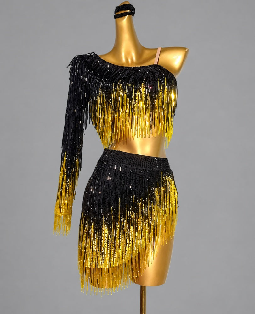 Custom Black and Gold Tassel Competition Latin Dance Dress Sparkly Rhythm Salsa Costume