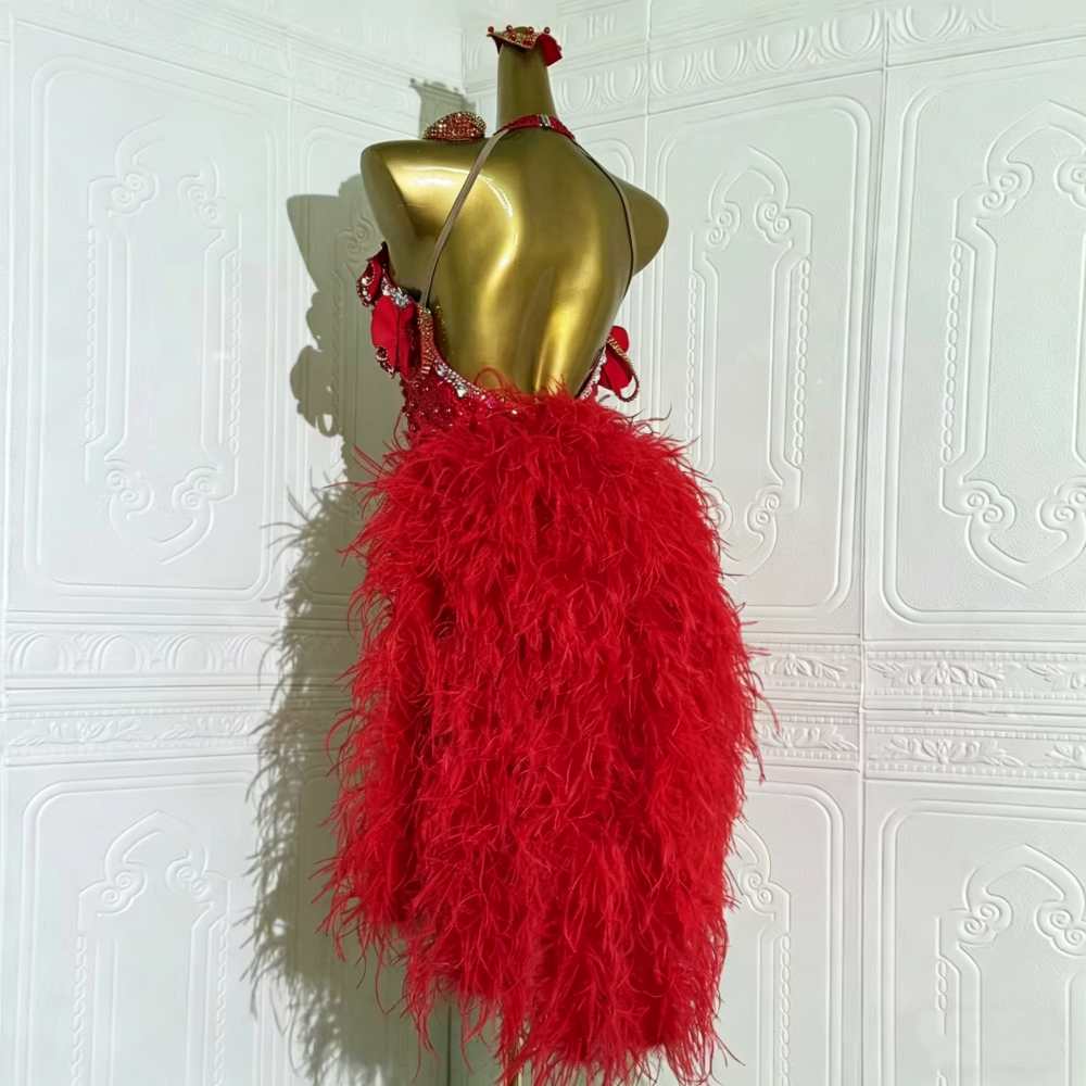 Custom Size Turquoise Latin Dance Dress with 3D Flowers & Feather Fringe