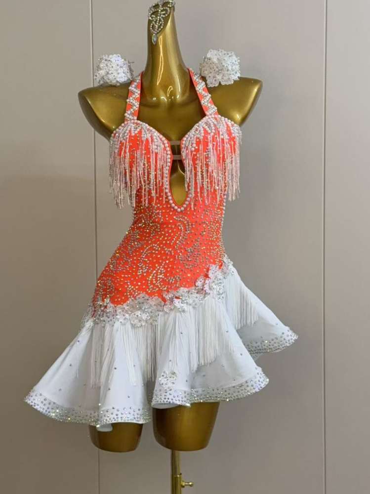 Custom Orange and White Latin Dance Dress - Rhinestone Fringe Salsa Wear