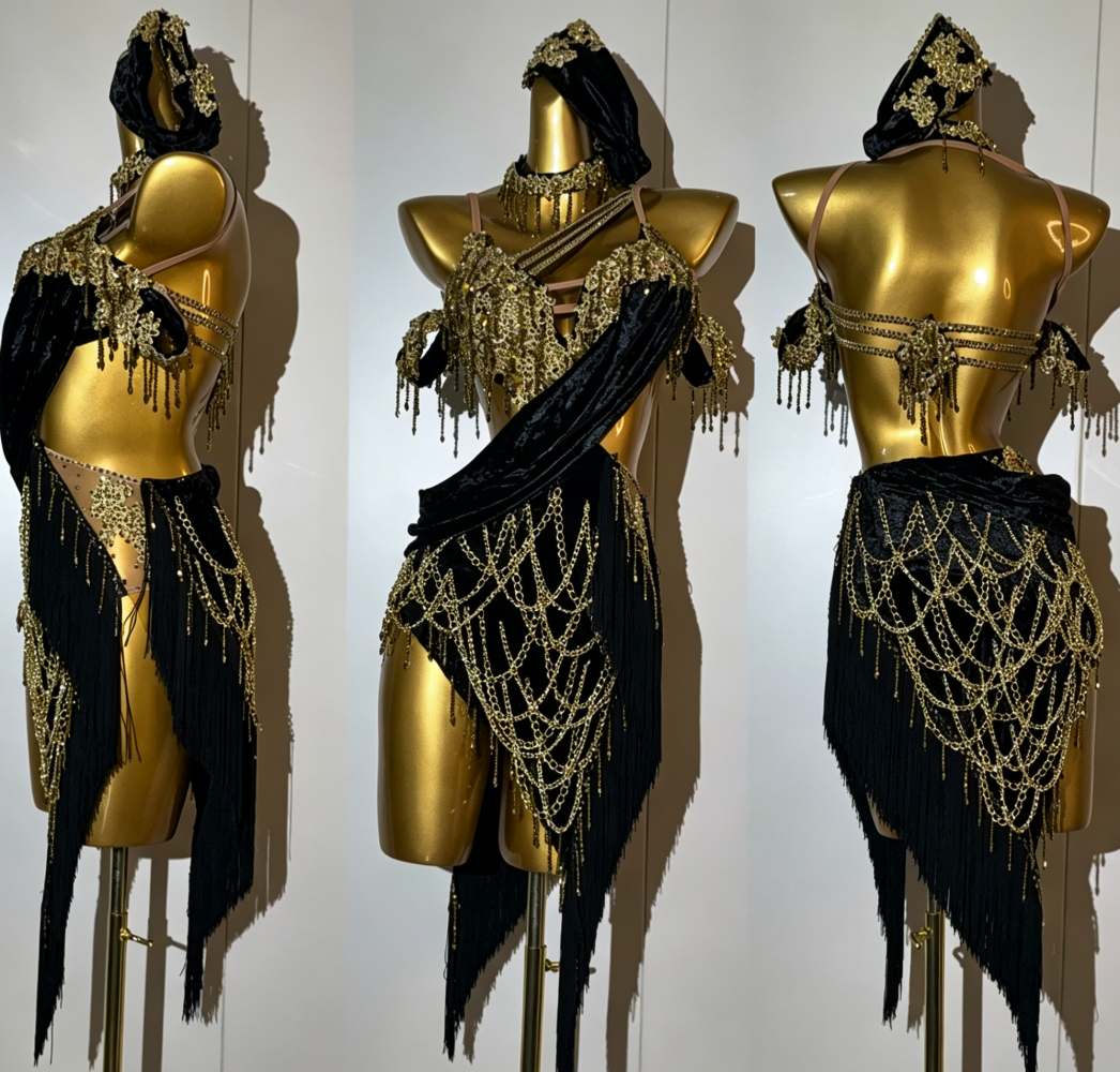 Custom Black & Gold Latin Dance Competition Dress Chain Fringe Salsa Gown