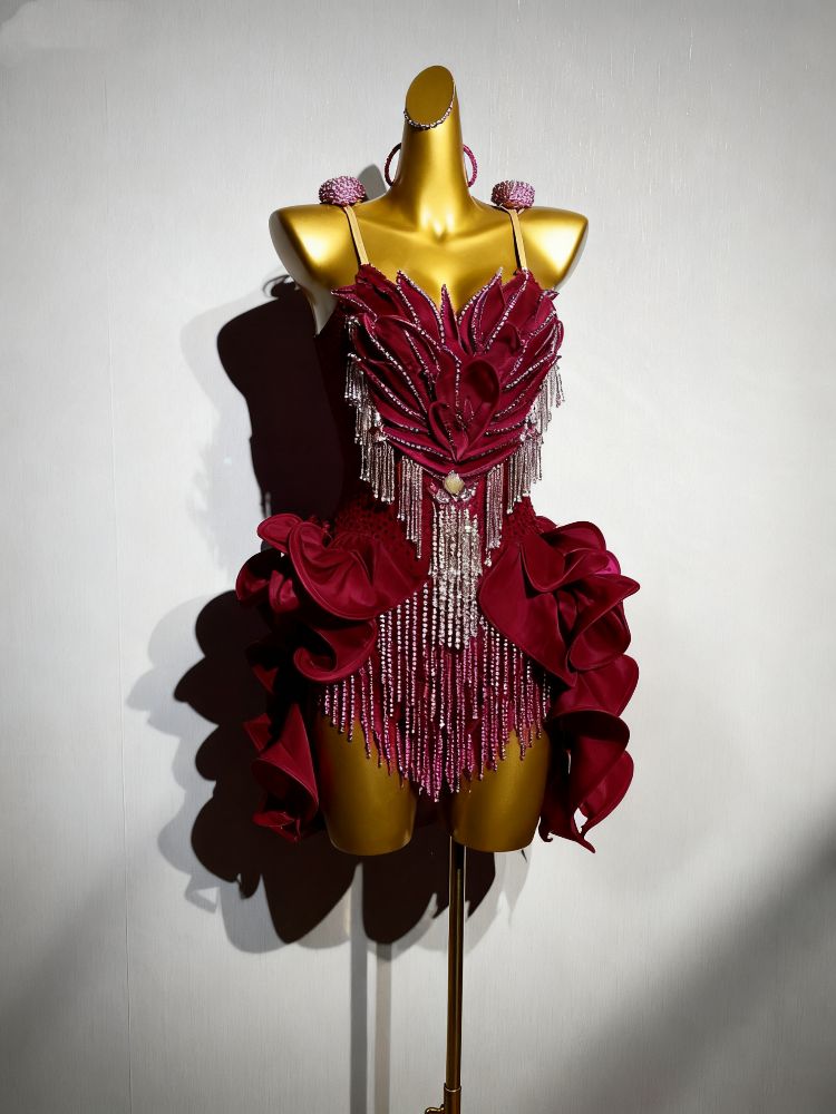 Custom Size Petals Competition Latin Dance Dresses Dark Geen Blue Salsa Rumba Chacha Blackpool Performance Costumes