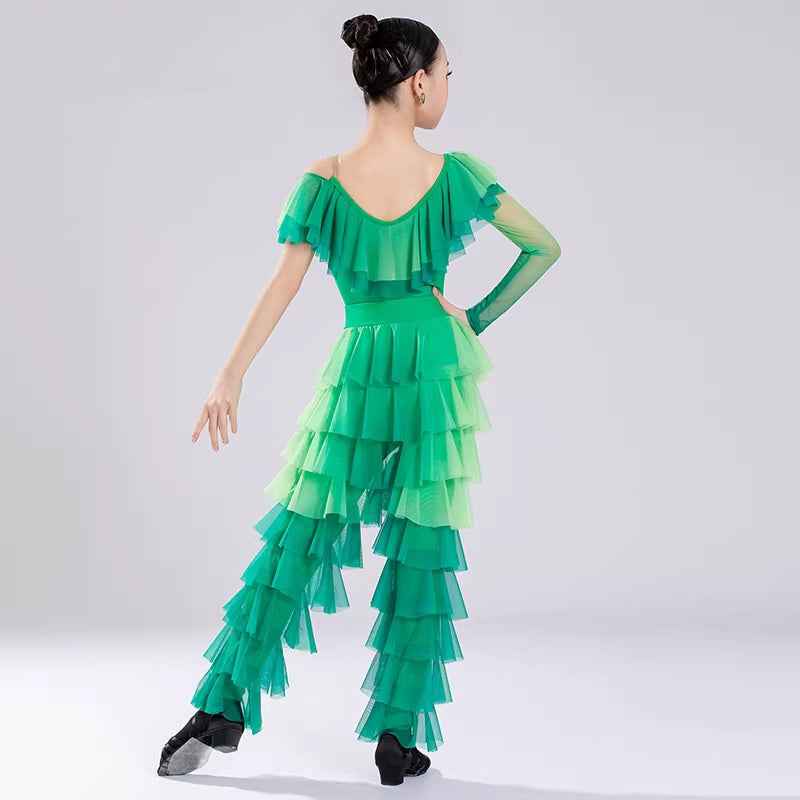 Girls Latin Dance Dress Emerald Green Ruffles Fringe Latin Ballroom Dance Costumes