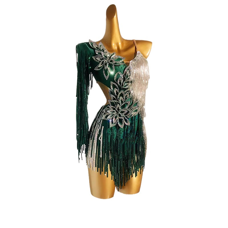 Custom Size Dark Green Competition Latin Dance Dresses for Women Girls Salsa Rumba Chacha Dance Outfits - Moderndancedress.com