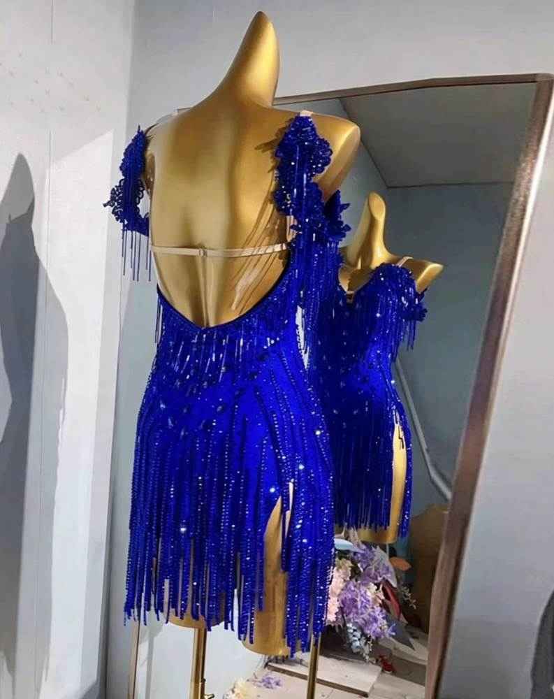 Custom Royal Blue Aqua Competition Latin Dance Dress Blackpool  Rumba Chacha Dancing Costume